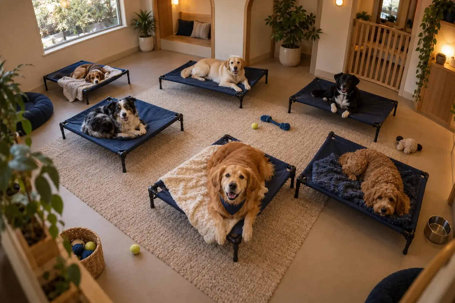 Camera view of six dogs resting on raised cots in a dim, quiet room