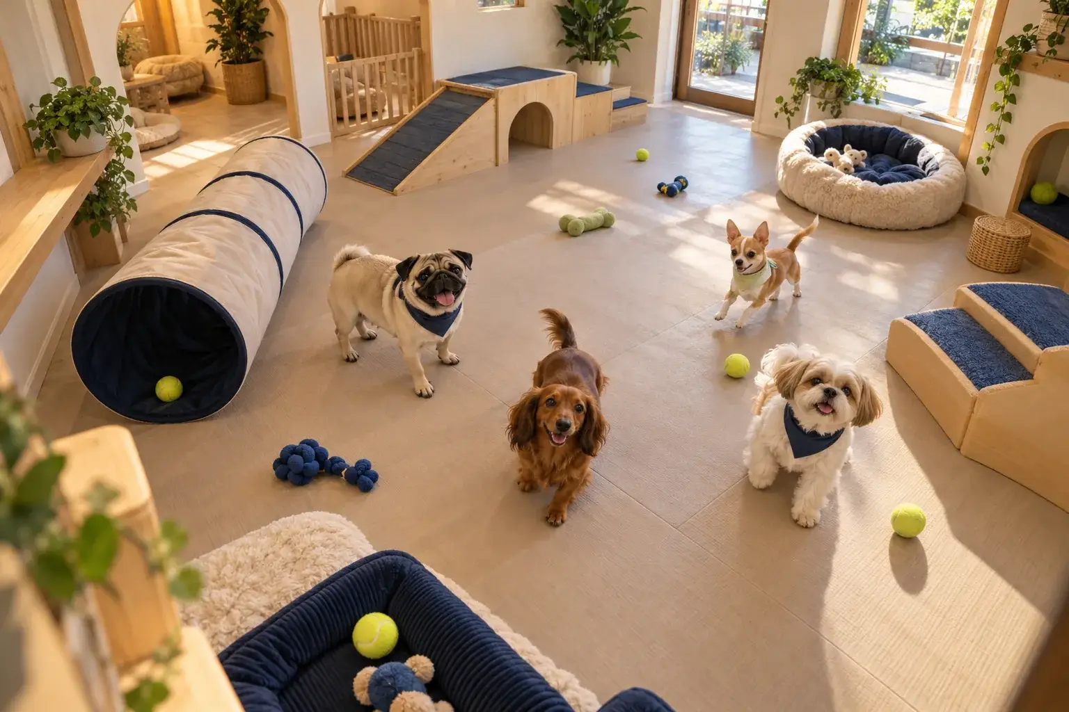 Camera view of a pug, a dachshund, a shih tzu and a chihuahua playing on soft mats