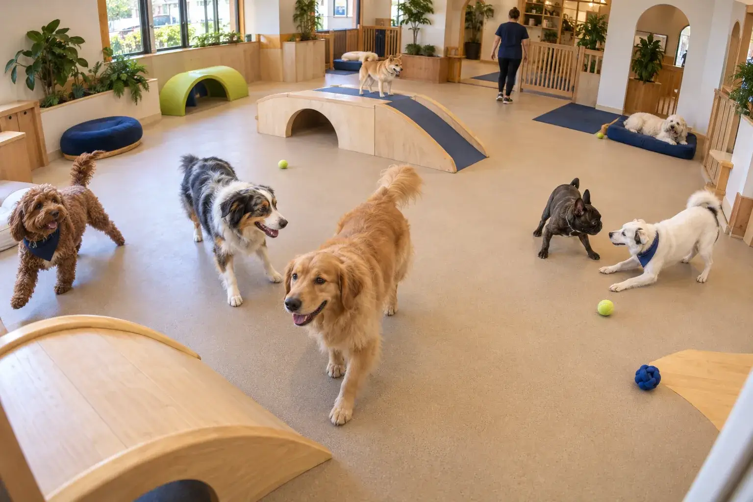 Wide camera view of dogs playing in small groups in the big indoor yard