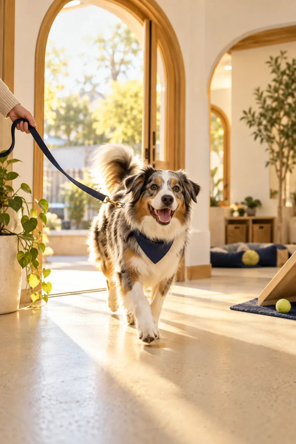 An Australian shepherd trotting happily through a rounded wooden doorway