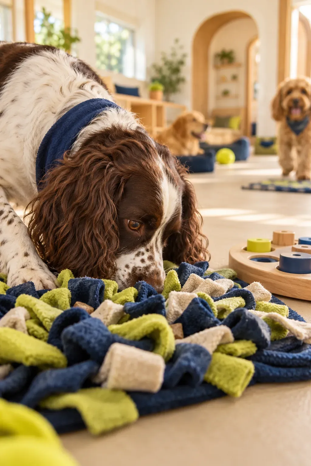 A spaniel nosing into a felt snuffle mat to find treats