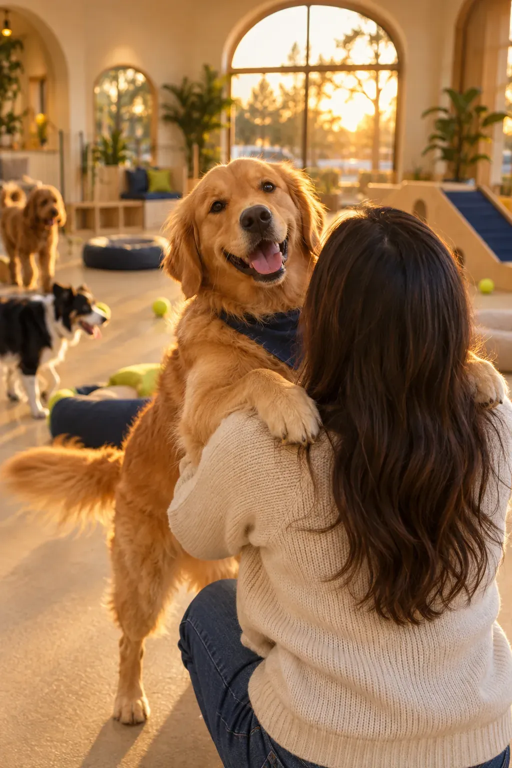 A golden retriever leaping up to greet its owner at pick-up