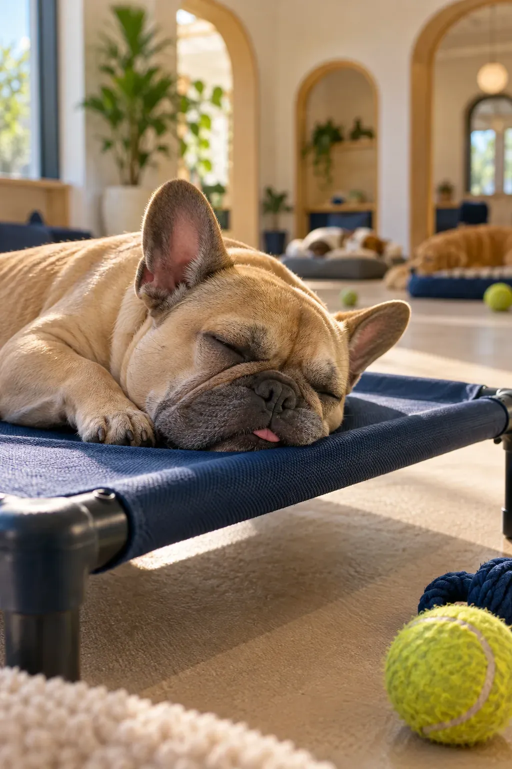A French bulldog fast asleep on a raised navy cot