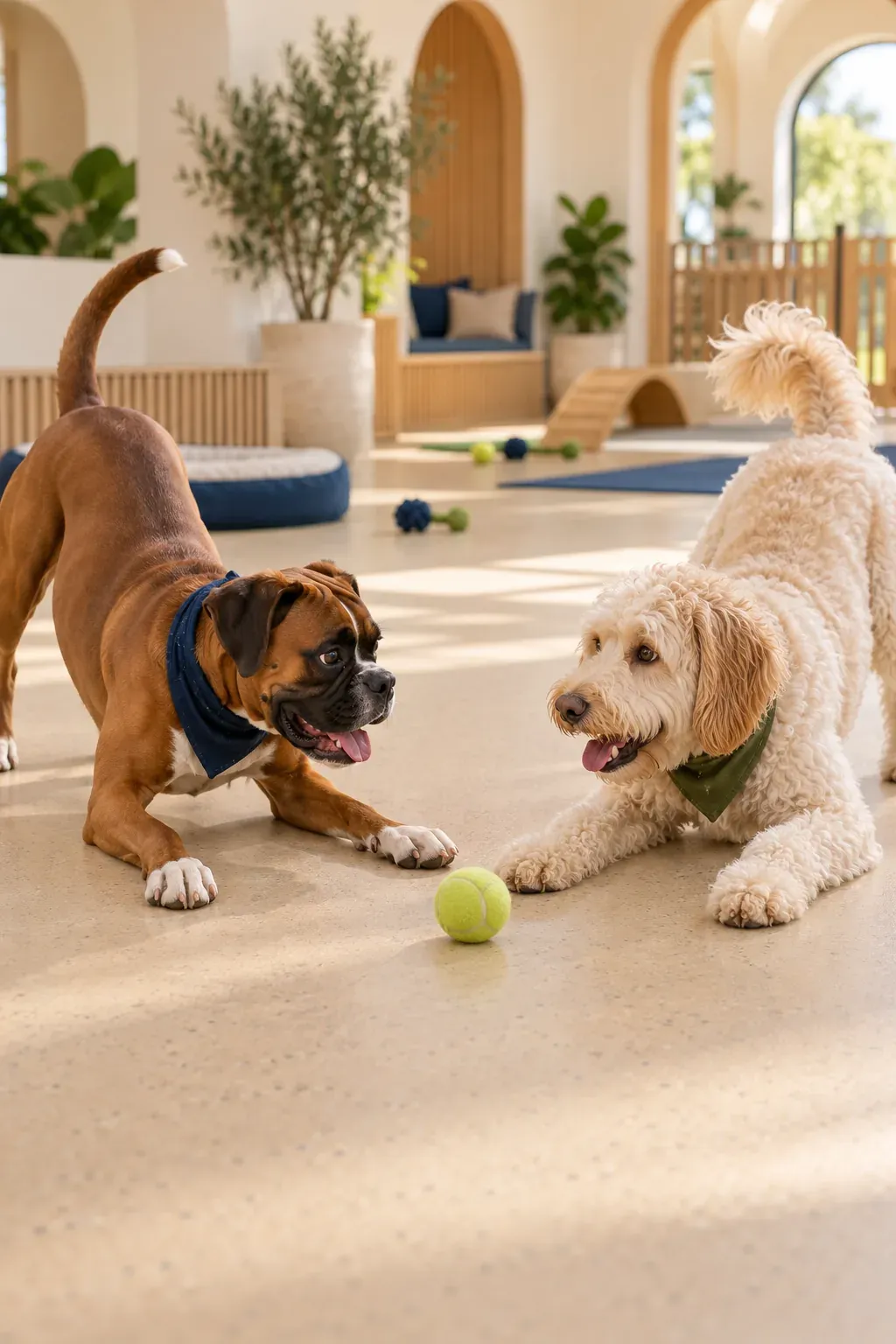 A boxer and a labradoodle play-bowing to each other