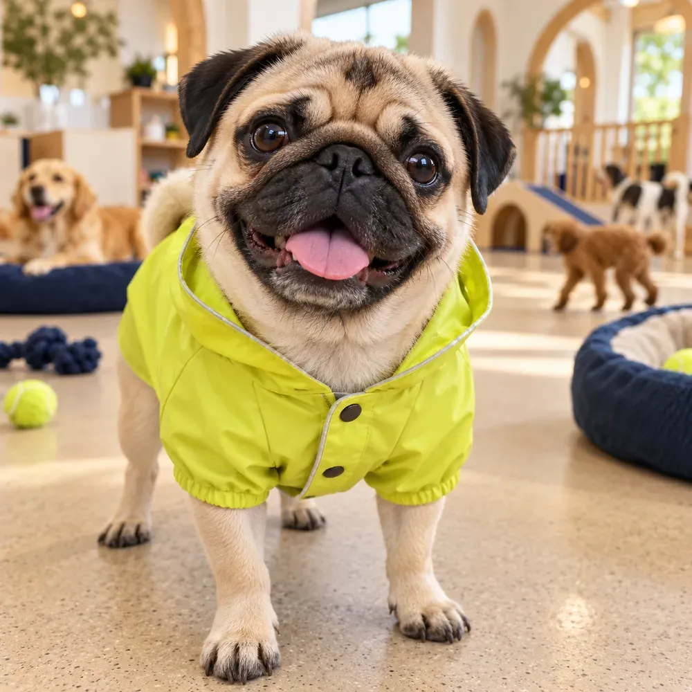 A fawn pug in a tiny yellow-green raincoat