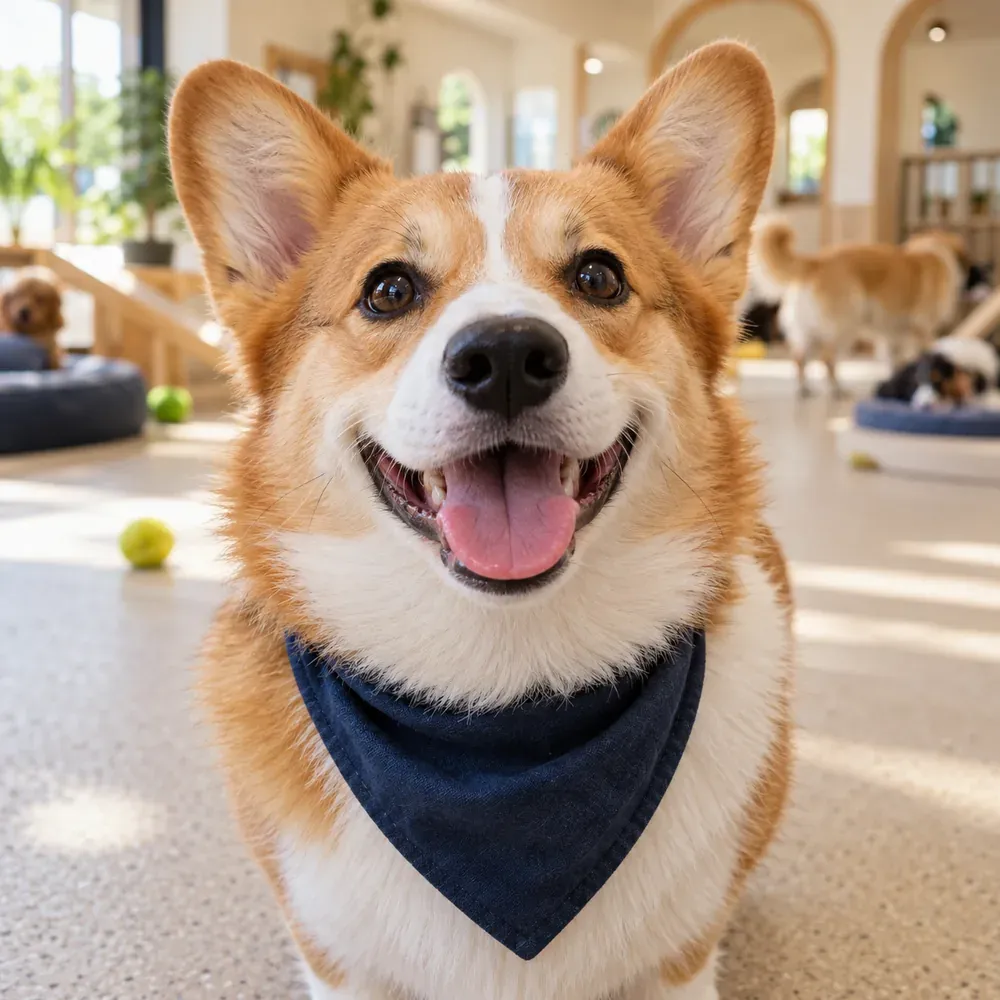 A corgi in a navy bandana grinning at the camera