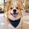 A corgi in a navy bandana grinning at the camera
