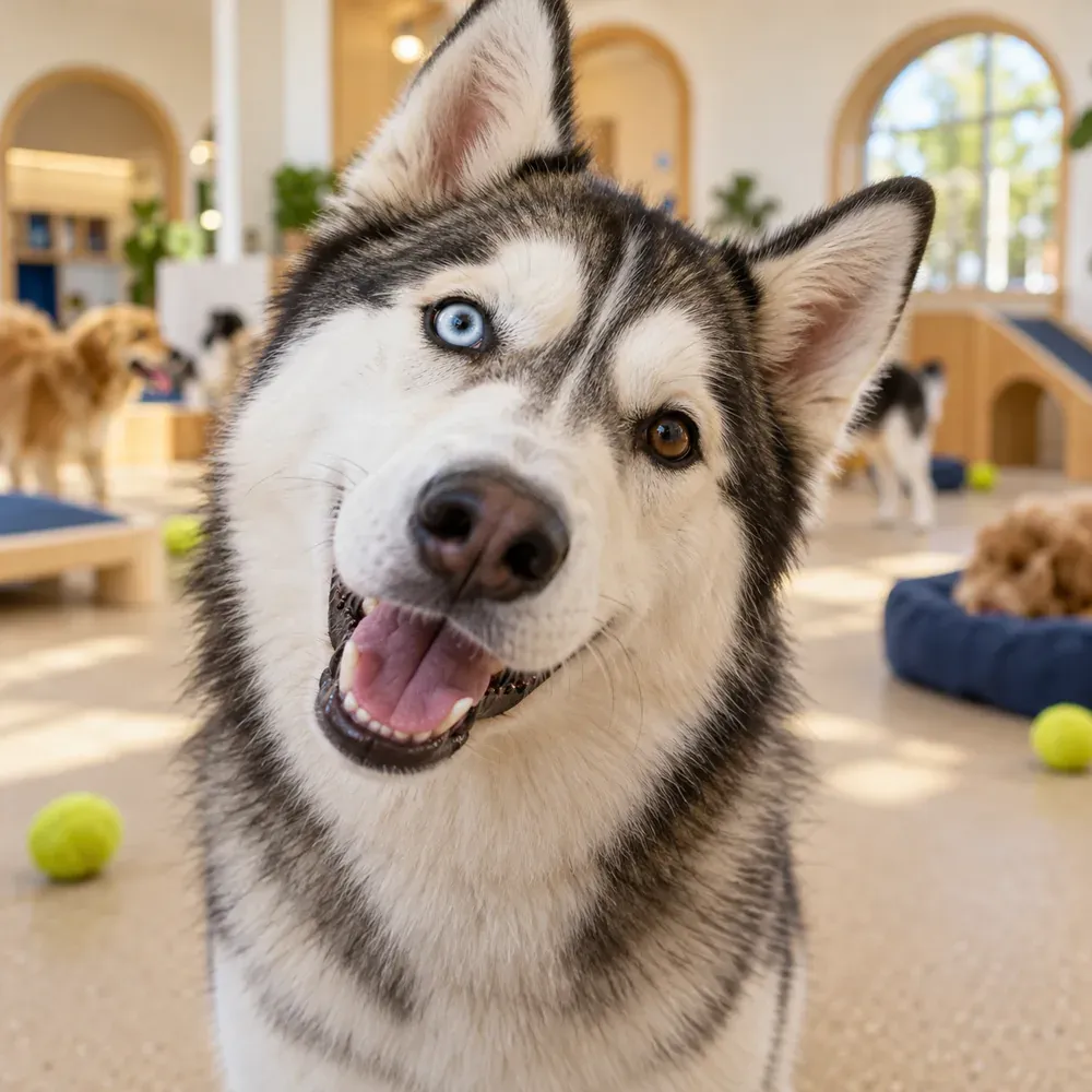 A husky with one blue and one brown eye, head tilted, mid-howl
