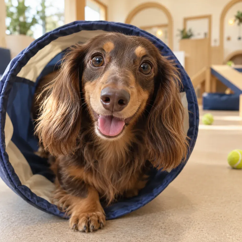 A long-haired dachshund peeking out of a play tunnel