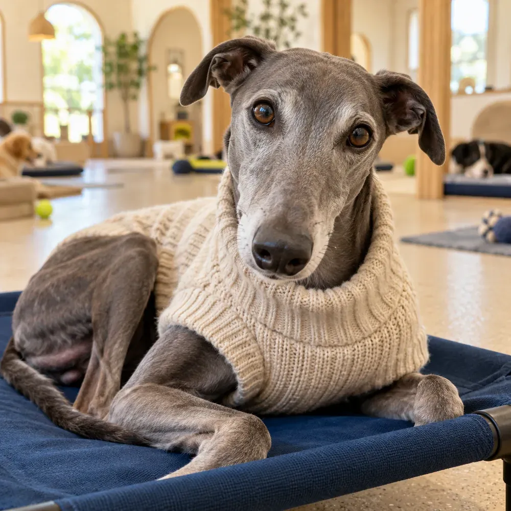 A grey greyhound in a cream sweater lying on a cot
