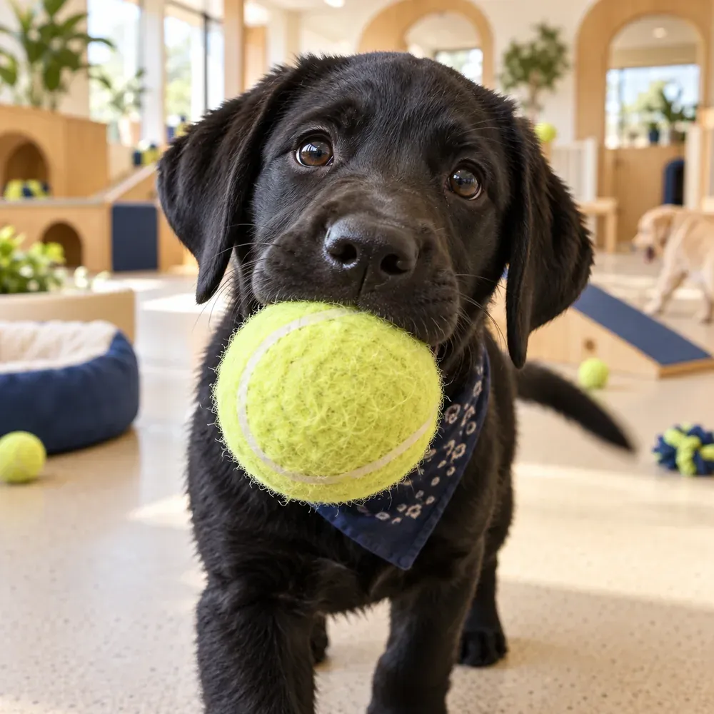 A black labrador puppy holding a ball that is too big for its mouth