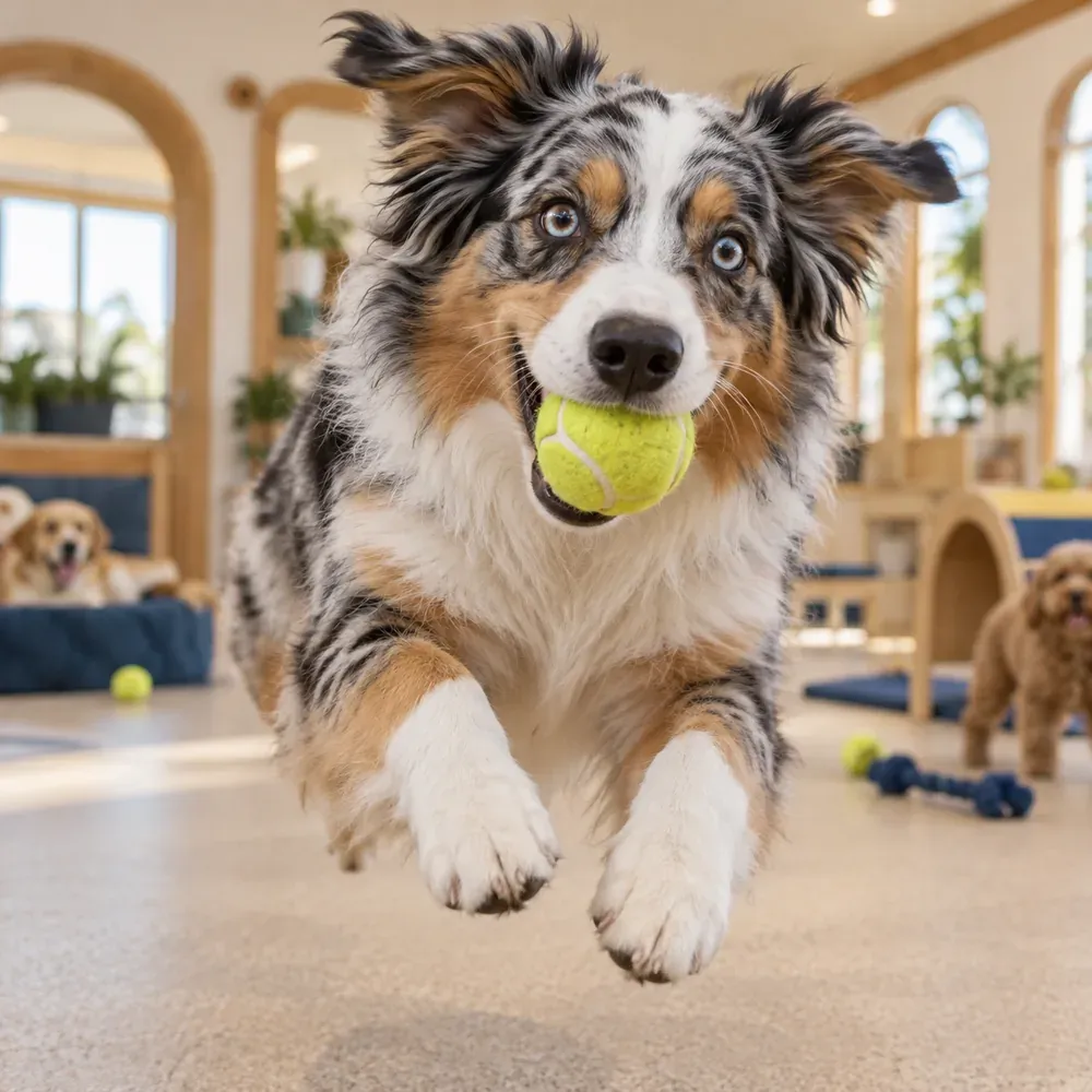 A blue merle Australian shepherd catching a ball mid-jump