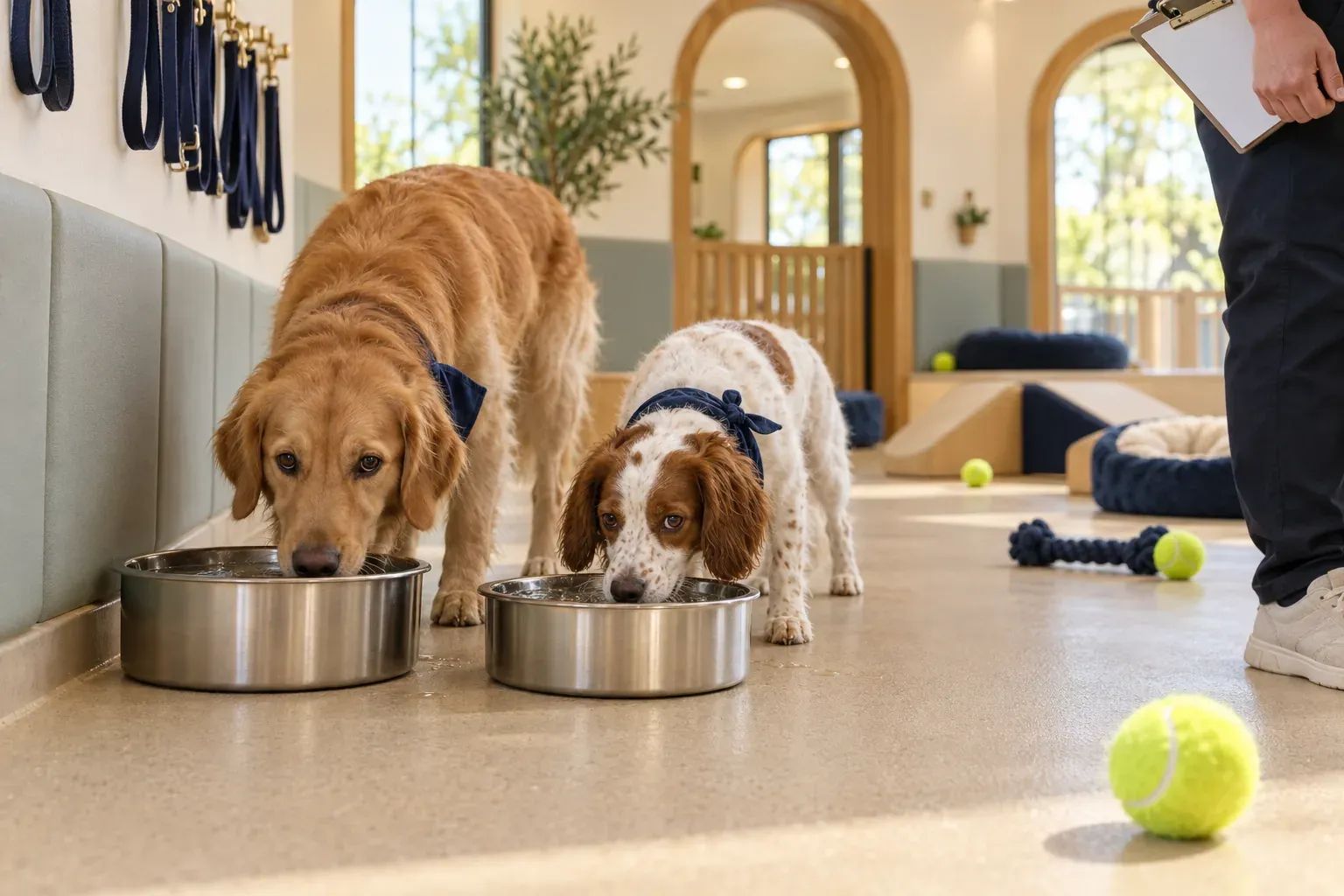 A clean play room with padded walls, water bowls and neatly hung leashes, two dogs drinking