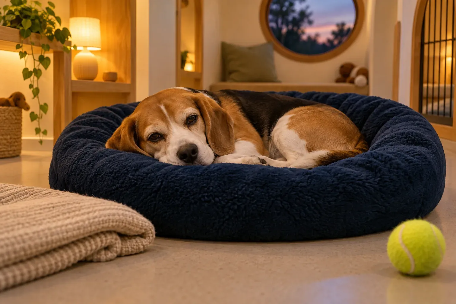 A sleepy beagle curled up on a navy dog bed in a cosy boarding suite