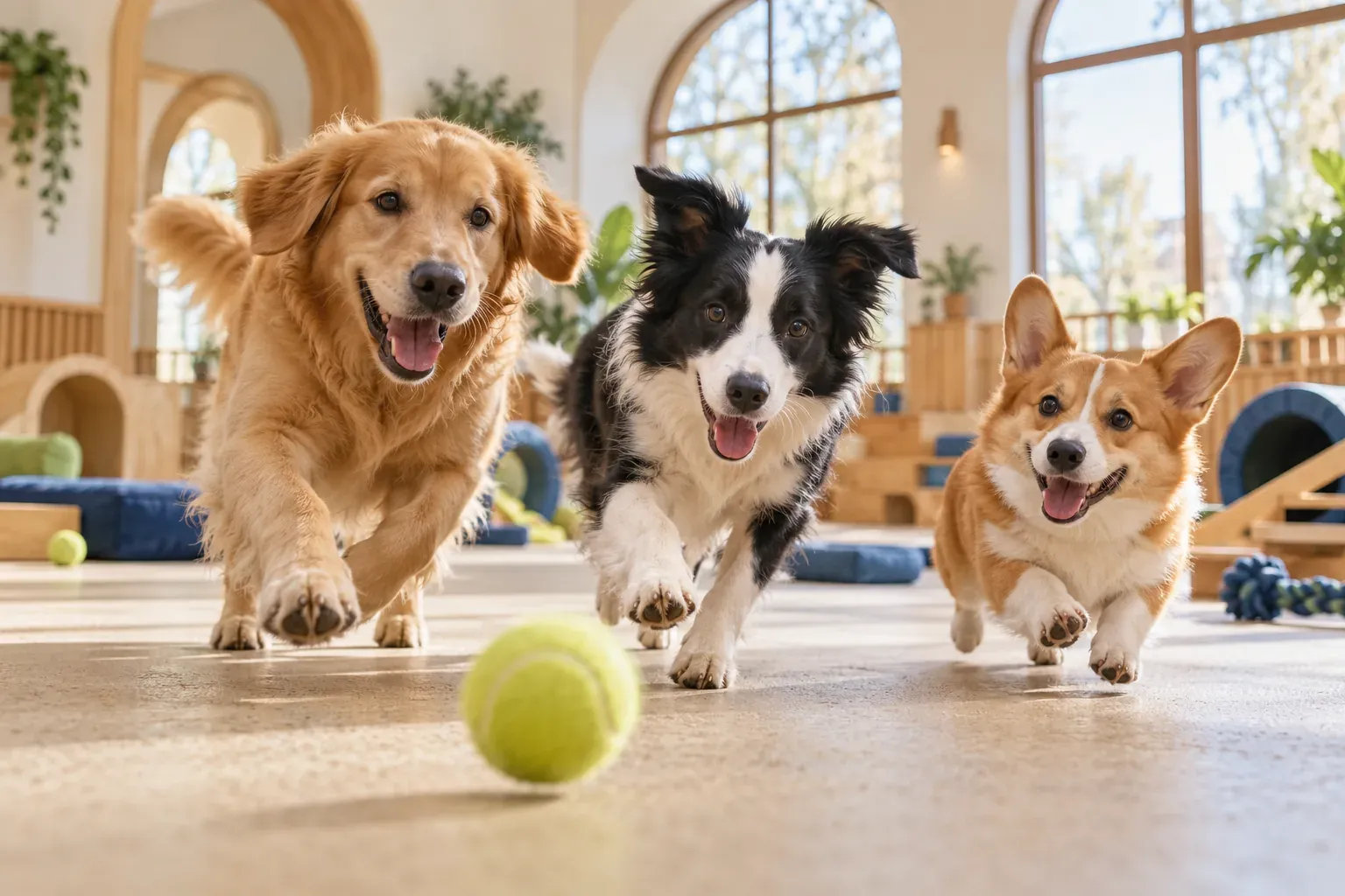 A golden retriever, a border collie and a corgi chasing a ball across a bright play yard
