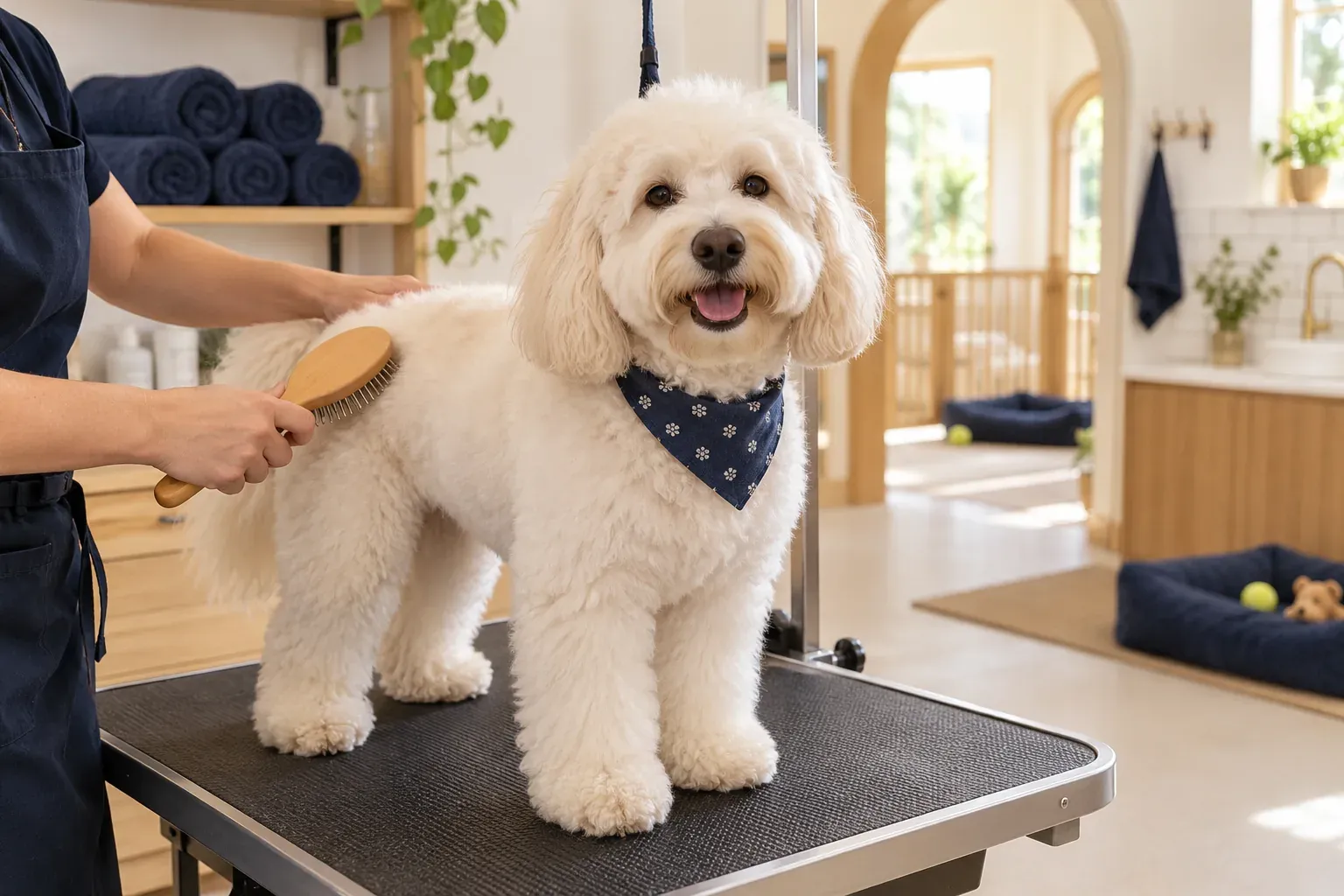 A fluffy white poodle mix on a grooming table after a blow-dry