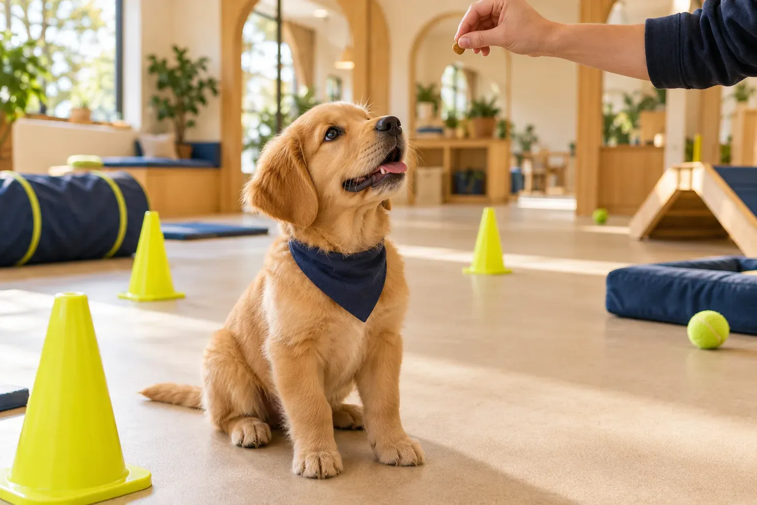 A golden labrador puppy sitting and looking up at a trainer's hand holding a treat