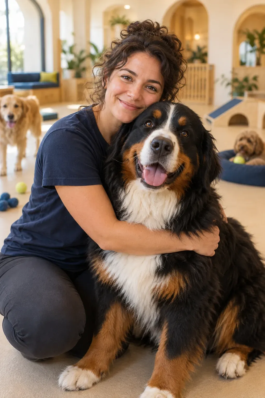 Ana, smiling, kneeling on the floor and hugging a big fluffy Bernese mountain dog