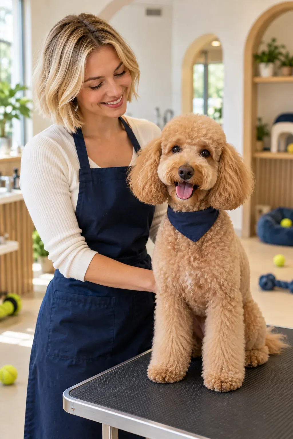 June smiling next to a freshly groomed apricot poodle on a grooming table