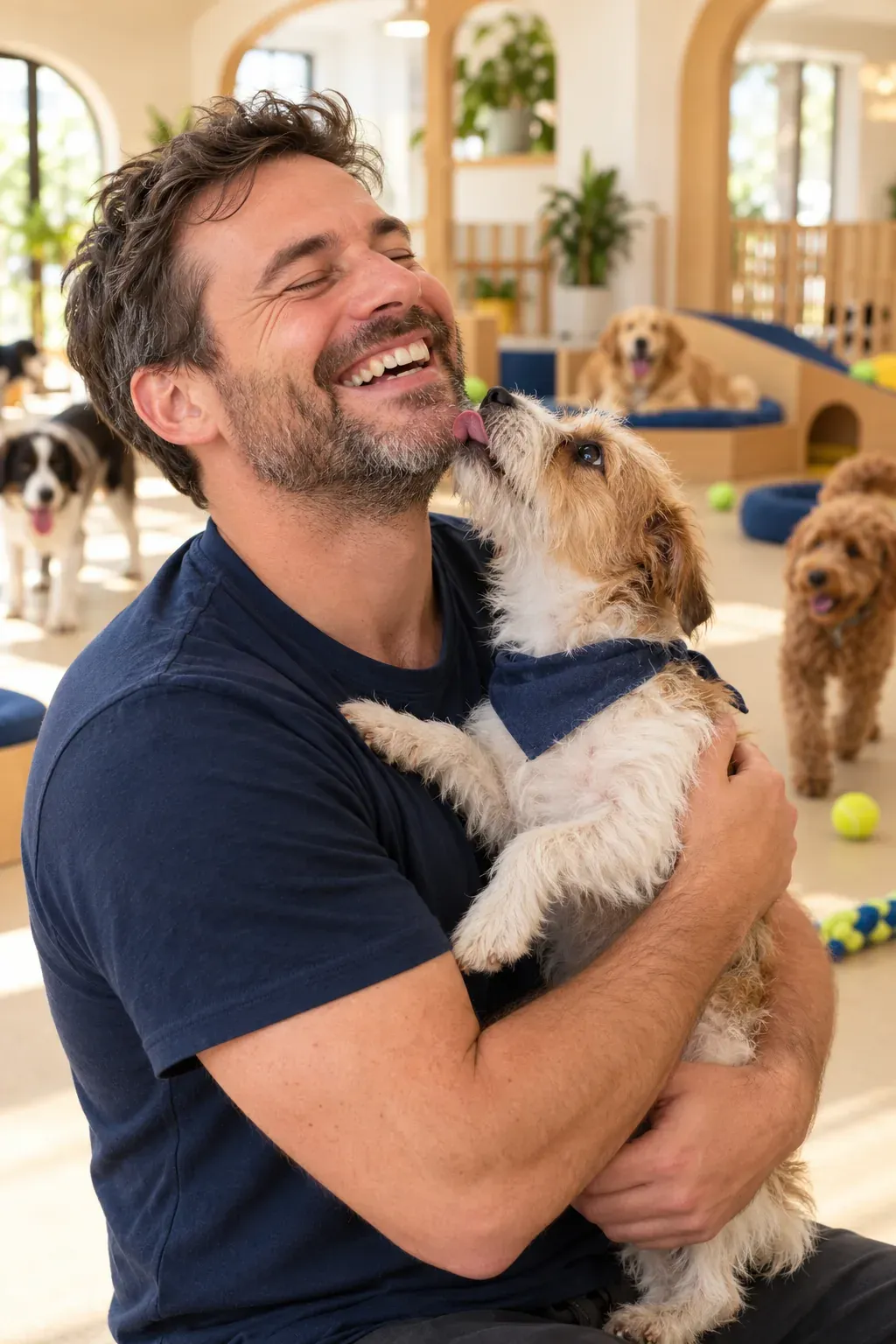 Marco laughing while a small scruffy terrier licks his chin